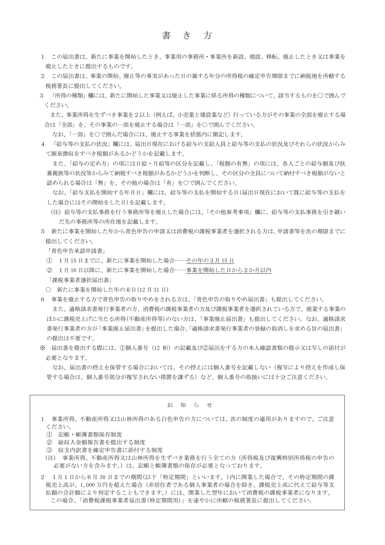 国税庁が作成した開業届の記載要領。各欄の記入方法と注意事項が詳しく説明されている