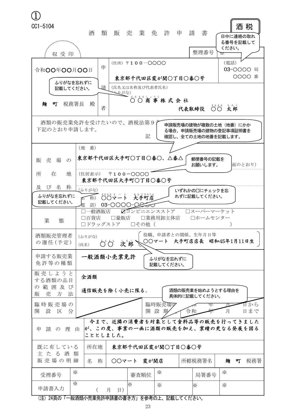 一般酒類小売業免許申請書（様式1号）の記載例。申請者情報・販売場情報・業種・酒類販売管理者予定者を記入する。