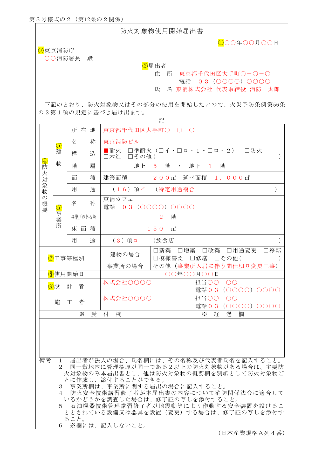 防火対象物使用開始届出書の記入例。各欄の記載内容と注意事項が明示されている